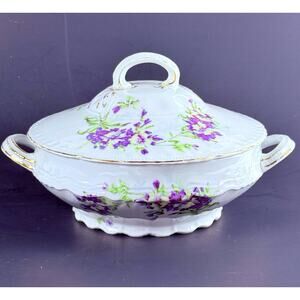 Antique Victoria Austria Purple Floral Porcelain Covered Serving Dish c1900